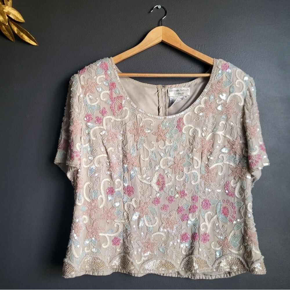 Vintage 80s ADRIANNA PAPELL Silk Embellished Sequins Blouse Top Multicolor 18